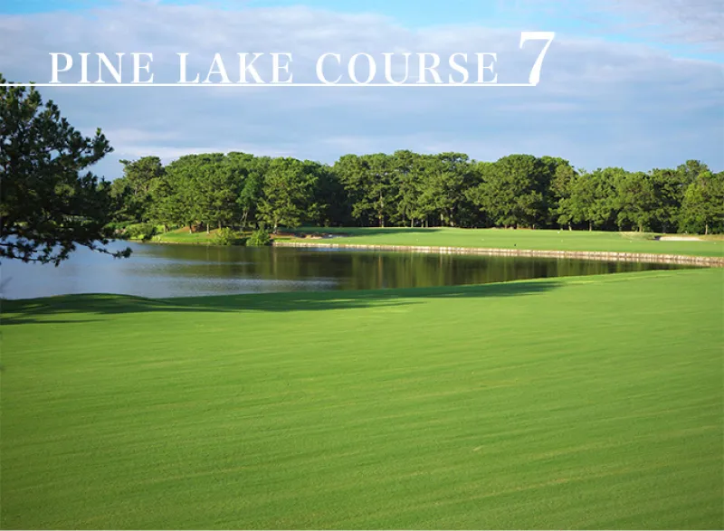 A green golf course with a lake and trees under a cloudy sky, displaying Pine Lake Course 7 at the top of the image.