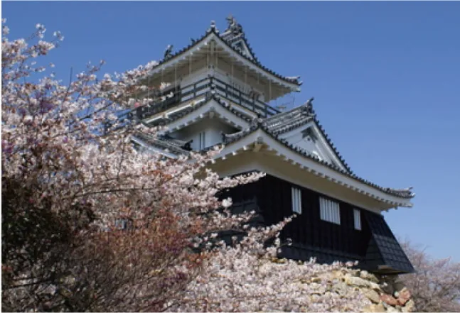 A traditional Japanese castle surrounded by blooming cherry blossom trees.